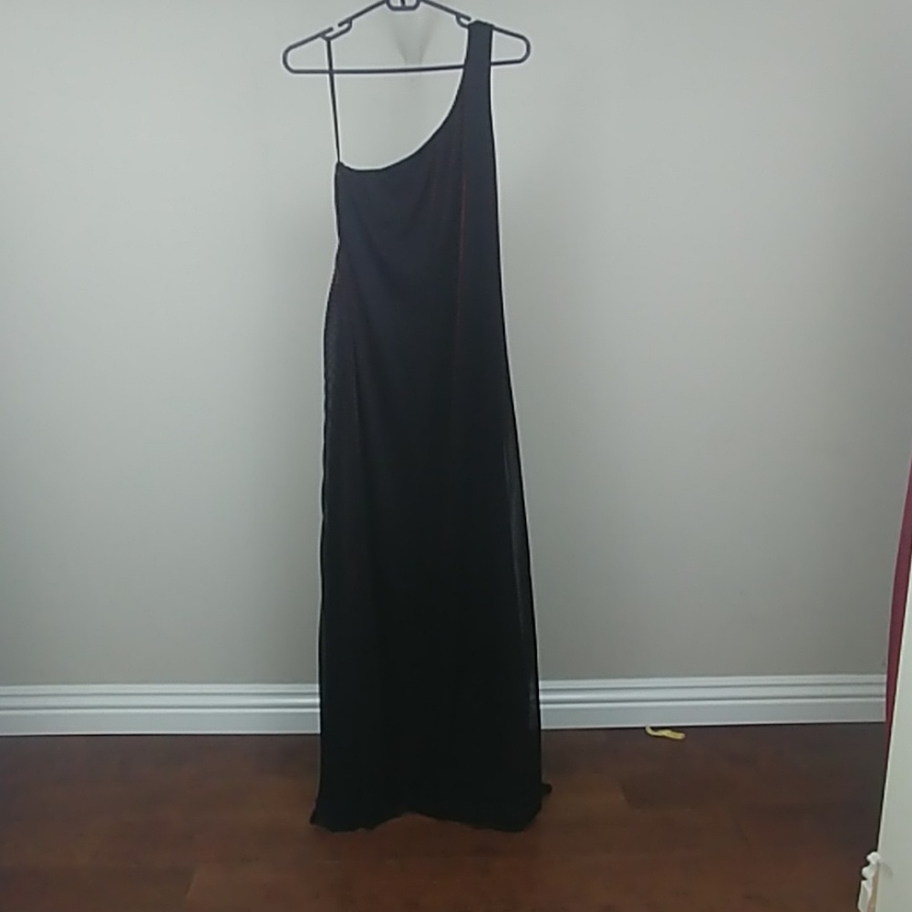 Formal Black Red Shimmer Long One Shoulder Dress L